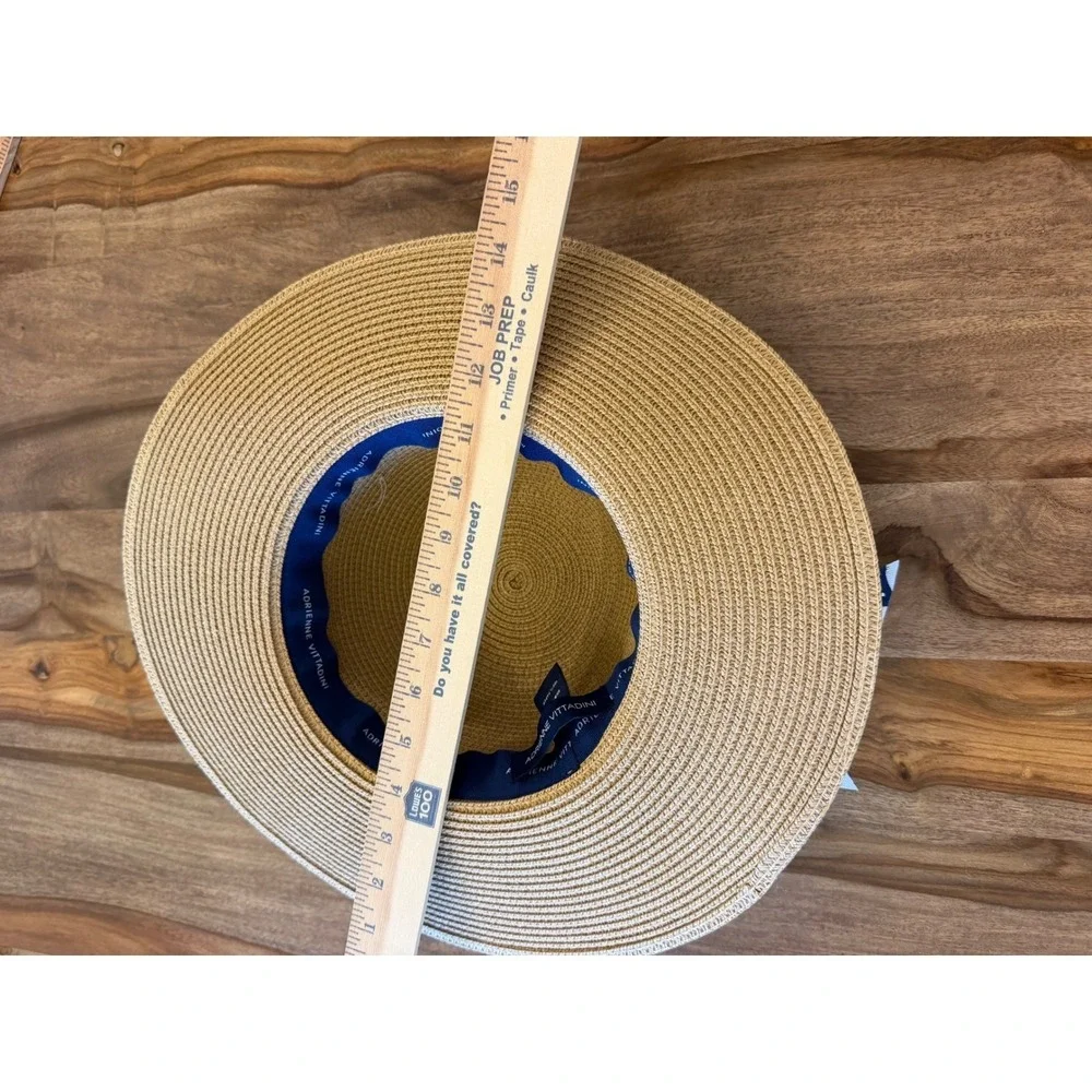 Adrienne Vittadini Tan Paper‎ Straw Sun Hat Navy Blue White Ribbon Rhinestones